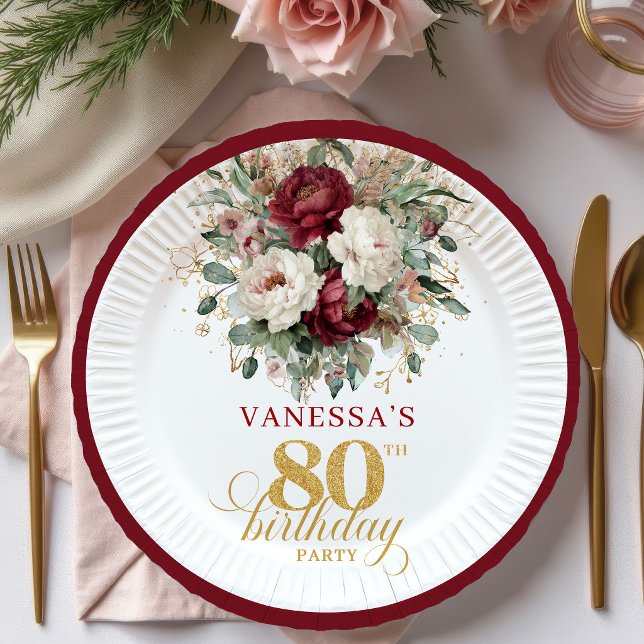 Sophisticated Burgunder Floral 80. Geburtstag Papi Pappteller (Sophisticated Burgundy Floral 80th Birthday Paper Plates)