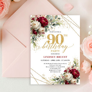 Sophisticated Burgunder Floral Gold 90. Geburtstag Einladung