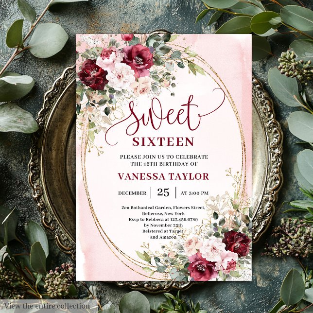Sophisticated Burgundy Blush Sweet Sixteen Invites Einladung (Sophisticated Burgundy Blush Sweet Sixteen Invitation

)