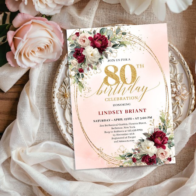 Sophisticated Burgundy Floral Gold 80th Birthday  Einladung (Sophisticated Burgundy Floral Gold 80th Birthday Invite)