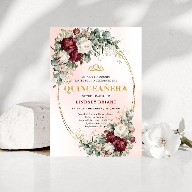 Sophisticated Burgundy Floral Gold Quince Invite Einladung (Sophisticated Burgundy Floral Gold Quince Invitation)