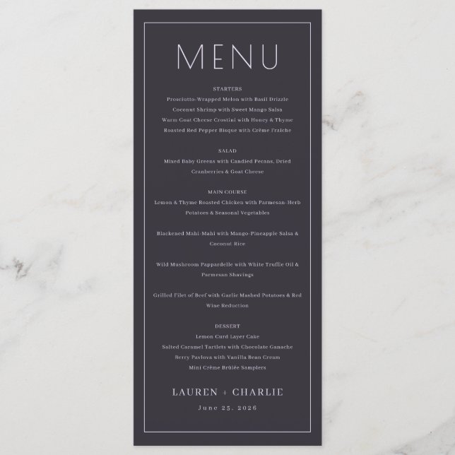 Sophisticated Charcoal Formal Menu Menükarte (Vorderseite)