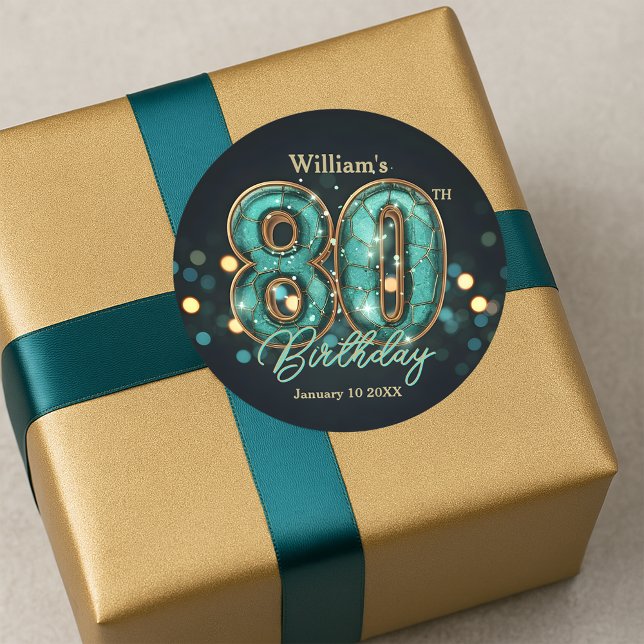 Sophisticated Chic Teal and Gold 80th Birthday Runder Aufkleber (Von Creator hochgeladen)