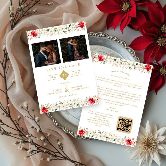 Sophisticated Classic Christmas Garland Wedding Save The Date (Sophisticated Classic Christmas Garland Wedding Save the Date Cards with Two Photos and Back QR Code)