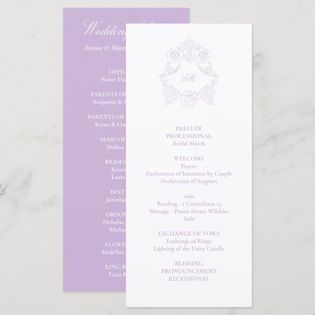 Sophisticated Classic Script Lavender Wedding Programm (Vorne/Hinten)