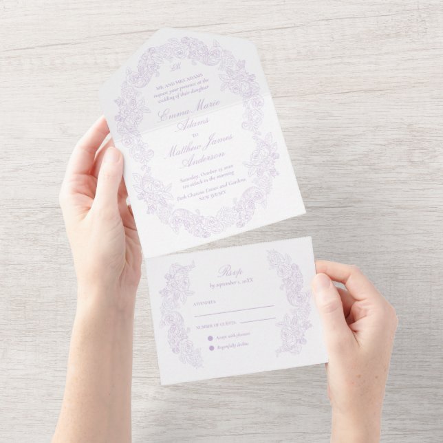 Sophisticated Classic Script Purple Wedding All In One Einladung (Abreißen)