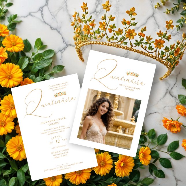 Sophisticated Colorful Tiara & Elegant Script Einladung (Sophisticated Colorful Princess Tiara & Elegant Script Photo Quinceañera Invitations Cards.)
