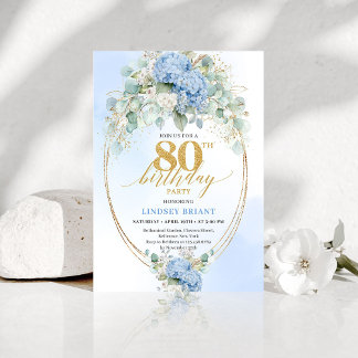 Sophisticated Dusty Blue Floral 80th Birthday Chic Einladung