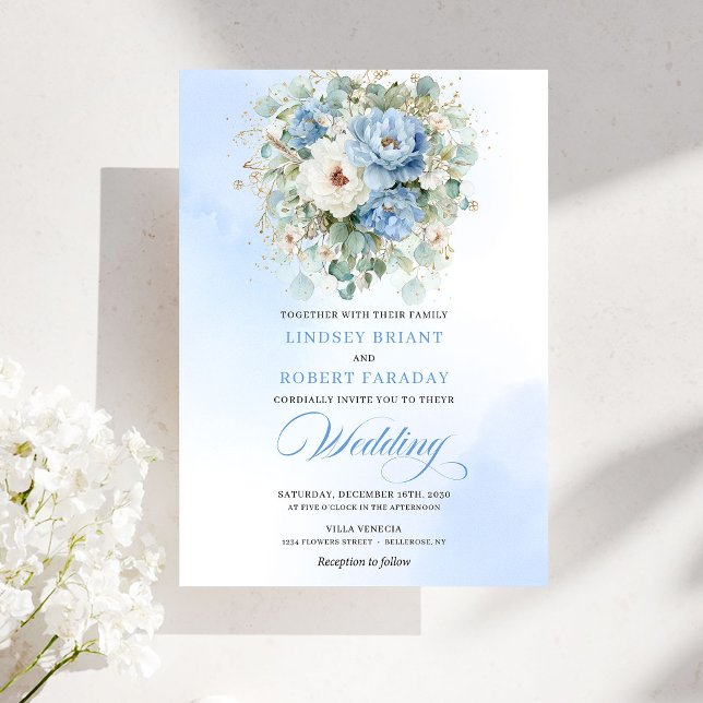 Sophisticated Dusty Blue Peony Floral Wedding Einladung (Sophisticated Dusty Blue Peony Floral Wedding)
