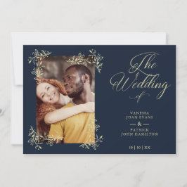 Sophisticated Elegant Flourish Navy Photo Wedding Einladung