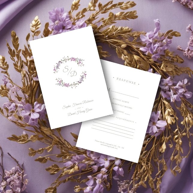 Sophisticated Elegant Lilac Floral Wedding Garland RSVP Karte (Sophisticated Elegant Lilac Floral Wedding Garland Response Card.)