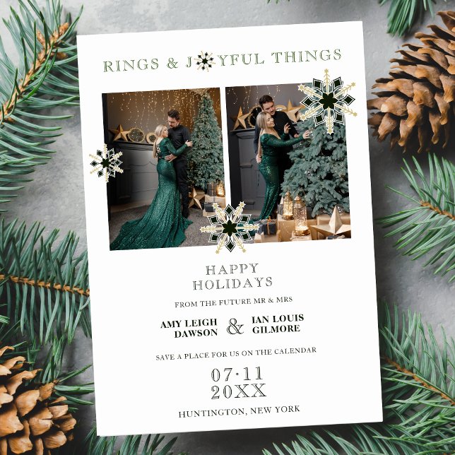 Sophisticated Exquisite Christmas Snowflakes Save The Date (Sophisticated Exquisite Christmas Snowflakes Green and Faux Gold 2 Multi Photos Collage Holiday Card)