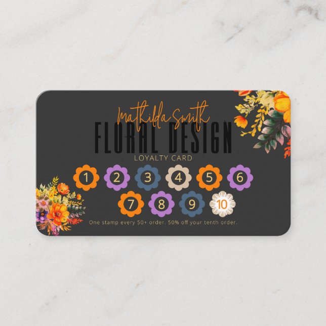 Sophisticated Floral Design Black Orange Loyalty Visitenkarte (Vorderseite)
