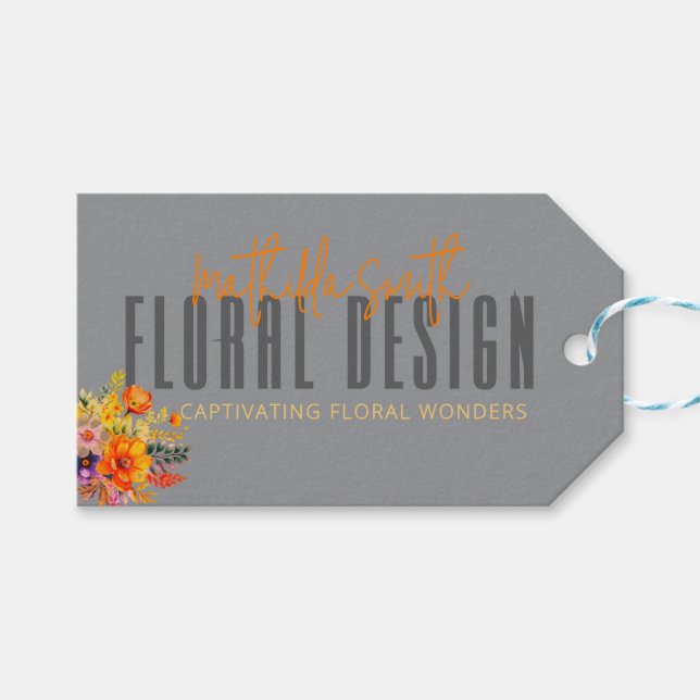 Sophisticated Floral Design Gray Orange Flowers  Geschenkanhänger (Vorderseite (Horizontal))