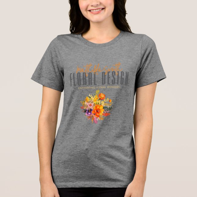 Sophisticated Floral Design Gray Orange Flowers  Tri-Blend Shirt (Vorderseite)