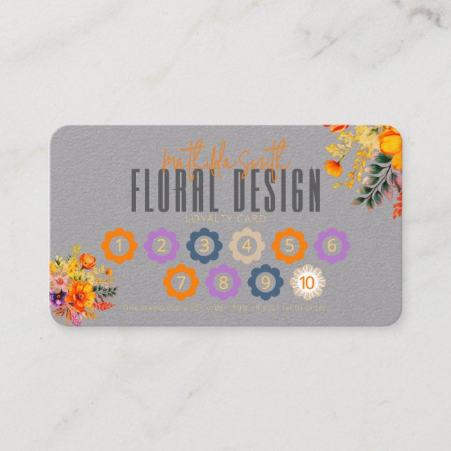 Sophisticated Floral Design Gray Orange Loyalty Visitenkarte (Vorderseite)
