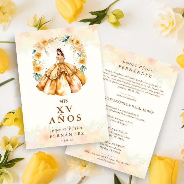 Sophisticated Floral Garland Spanish Photo Mis XV Einladung (Sophisticated Gown Illustration Floral Garland Spanish Mis XV in Yellow Shades Invitation.)