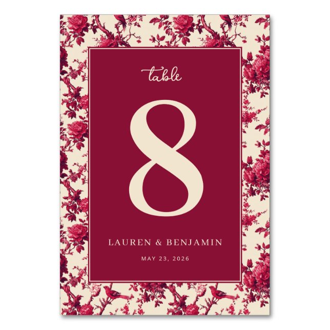 Sophisticated Maroon Floral Table Number Tischnummer (Vorderseite)
