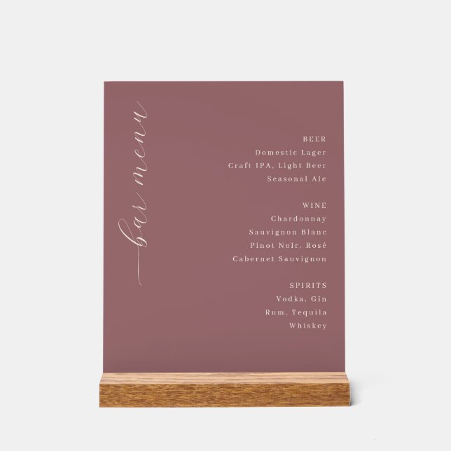 Sophisticated Maroon Minimalist Bar Menu Acrylschild (Vorderseite)