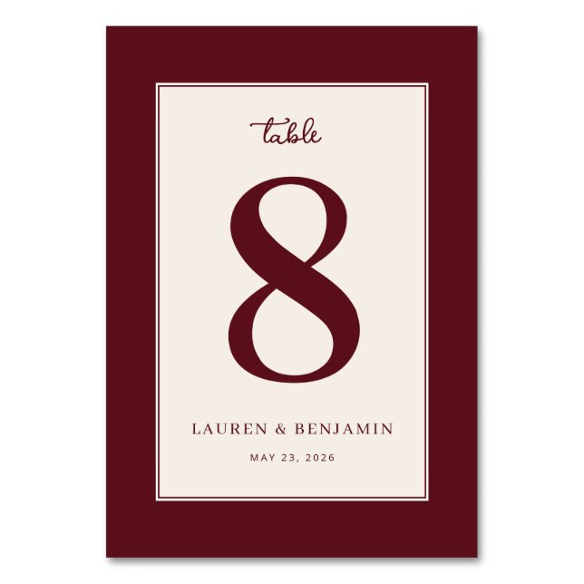 Sophisticated Maroon Number Eight Tischnummer (Vorderseite)