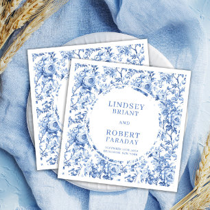 Sophisticated Navy Blaues Florales Toile-Hochzeits Serviette