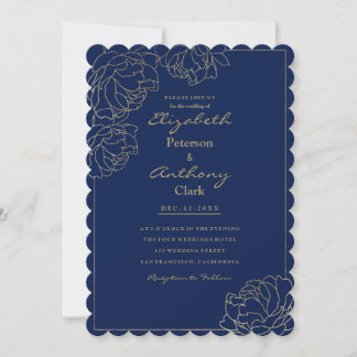 Sophisticated navy blue gold peony floral Wedding Einladung