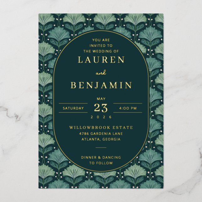 Sophisticated Navy Botanisches Blatt Folieneinladung (Vorderseite)