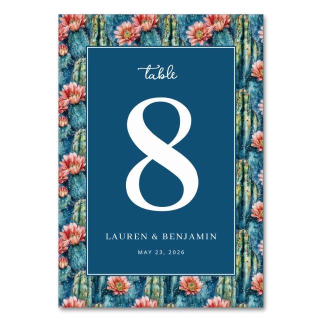 Sophisticated Navy Cactus Floral Tischnummer (Vorderseite)