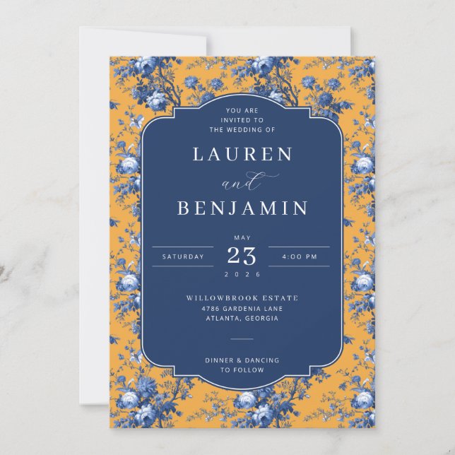 Sophisticated Navy Floral Wedding Invitation Einladung (Vorderseite)