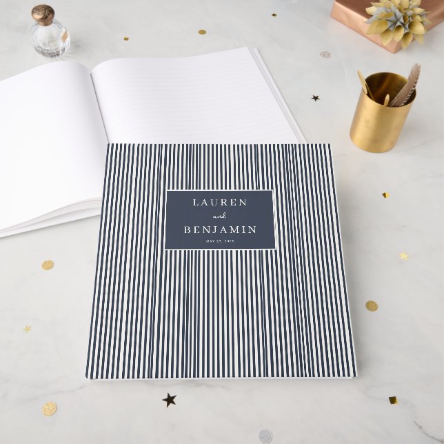 Sophisticated Navy Gestreift Minimalist Gästebuch (Vorderseite offen)