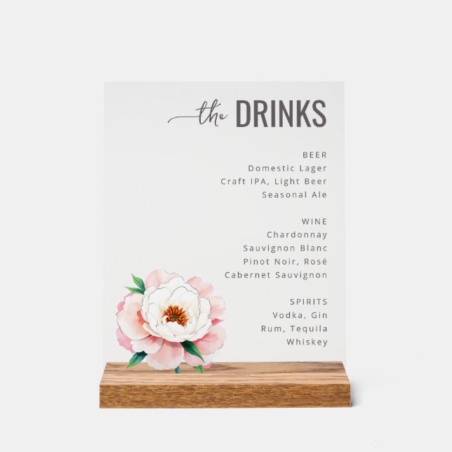 Sophisticated Pink Floral Beverage Menu Acrylschild (Vorderseite)