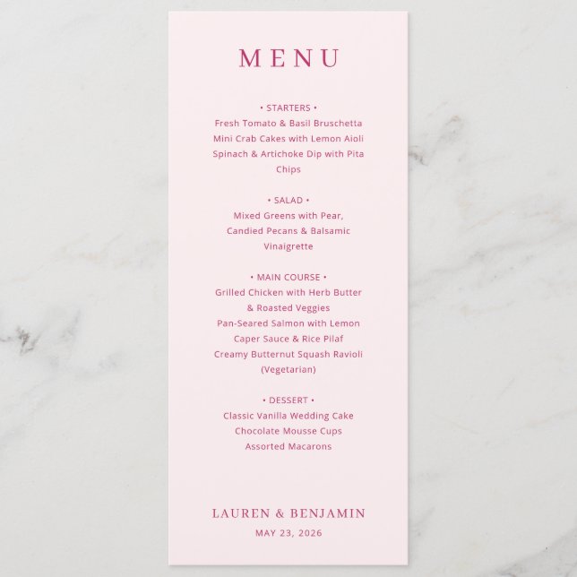 Sophisticated Pink Serif Wedding Menu Menükarte (Vorderseite)