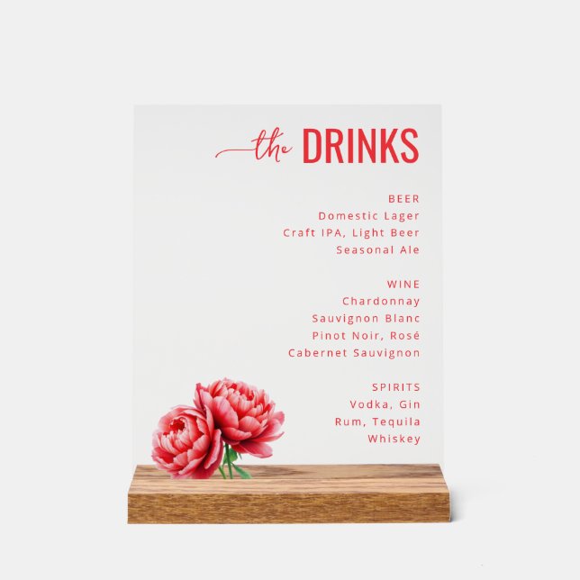 Sophisticated Red Floral Beverage Menu Acrylschild (Vorderseite)
