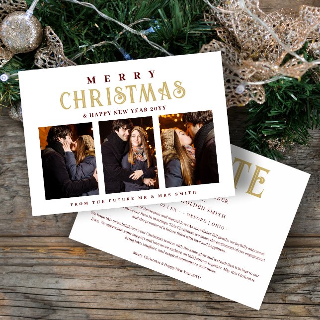 Sophisticated Simple Classic Calligraphy 3 Photos Save The Date (Sophisticated Simple Classic Calligraphy 3 Multi Photo Merry Christmas in Fake Gold & Dark Red.)