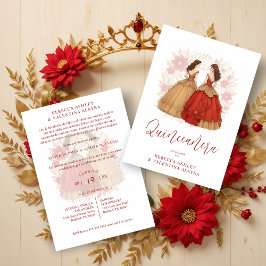 Sophisticated Spanish Red & Gold Quinceañera Twins Einladung