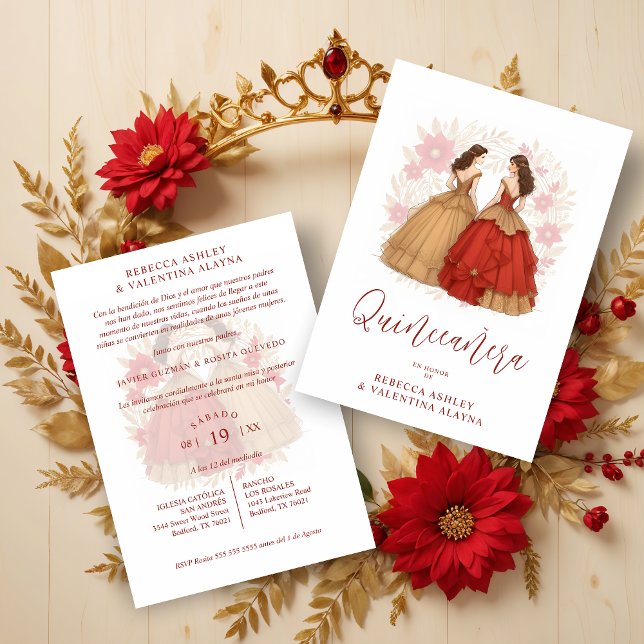 Sophisticated Spanish Red & Gold Quinceañera Twins Einladung (Sophisticated Spanish Red & Gold Quinceañera Twins Invitations Cards.)