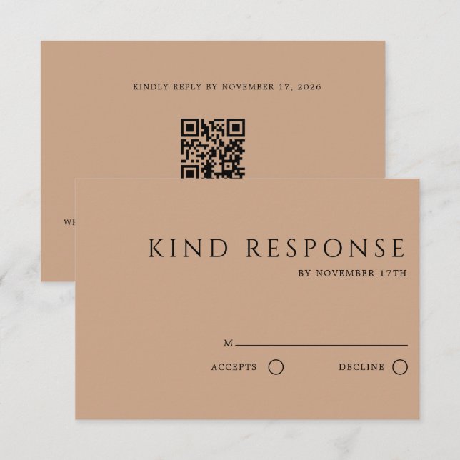 Sophisticated Tan QR Code Elegant Wedding RSVP Karte (Vorne/Hinten)