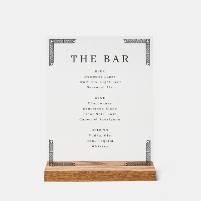 Sophisticated White Serif Bar Menu Acrylschild (Vorderseite)
