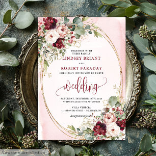 Sophisticierte Boho-Marone-Blush-Gold-Blumen-Einla Einladung