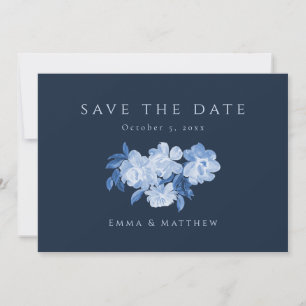Sophistische Wasserfarben-Blumen Blau Rückseite QR Save The Date