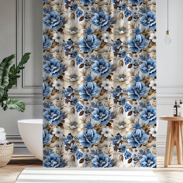 Sophistischer Duschvorhang mit blauem Elfenbein-Bl (Sophisticated Blue Ivory Floral Shower Curtain Decor)