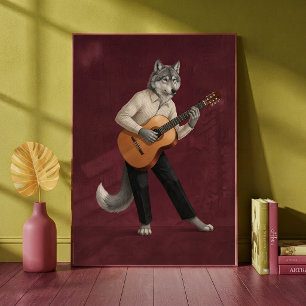 Sophistizierter Wolf spielt akustische Gitarre Kun Poster