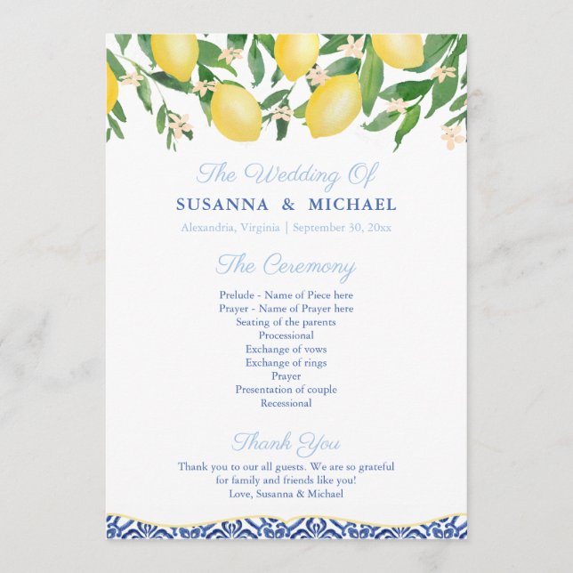 Sorrento Lemons Blue Italian Tiles Wedding Programm (Vorderseite)