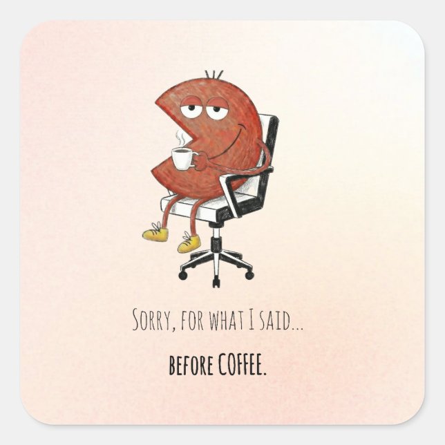 Sorry Before Coffee Retro Cartoon Laptop Decal Quadratischer Aufkleber (Vorderseite)