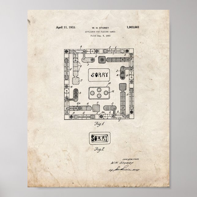 Sorry Board Game Patent - Old Look Poster (Vorne)