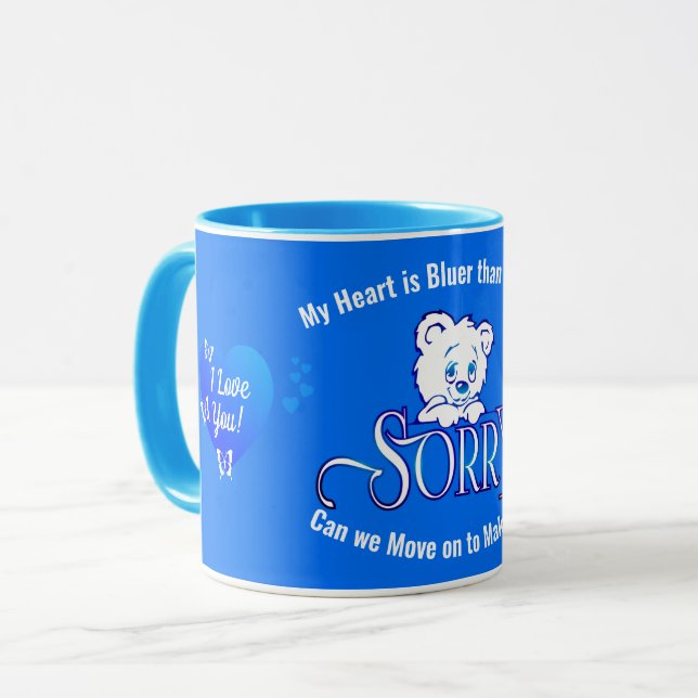SORRY mit Sad Face Bear auf Blue APOLOGIE Tasse (Vorderseite Links)