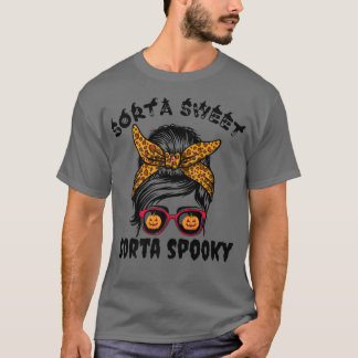 Sorta Sweet Sorta Spooky Pumpkin Messy Bun Hallowe T-Shirt