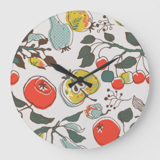 Sortierte Früchte, farbenfrohe, nahtlose Muster. Große Wanduhr