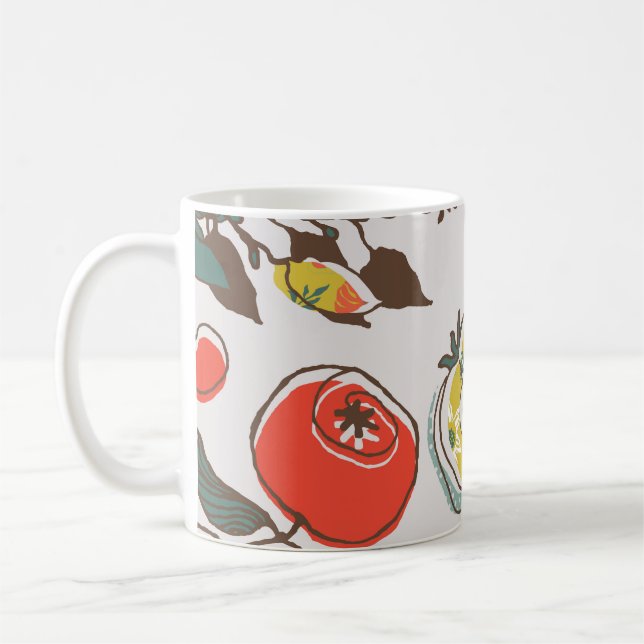Sortierte Früchte, farbenfrohe, nahtlose Muster. Kaffeetasse (Links)