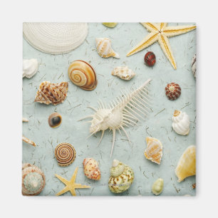 Sortierte Seashells auf blauem Hintergrund Magnet